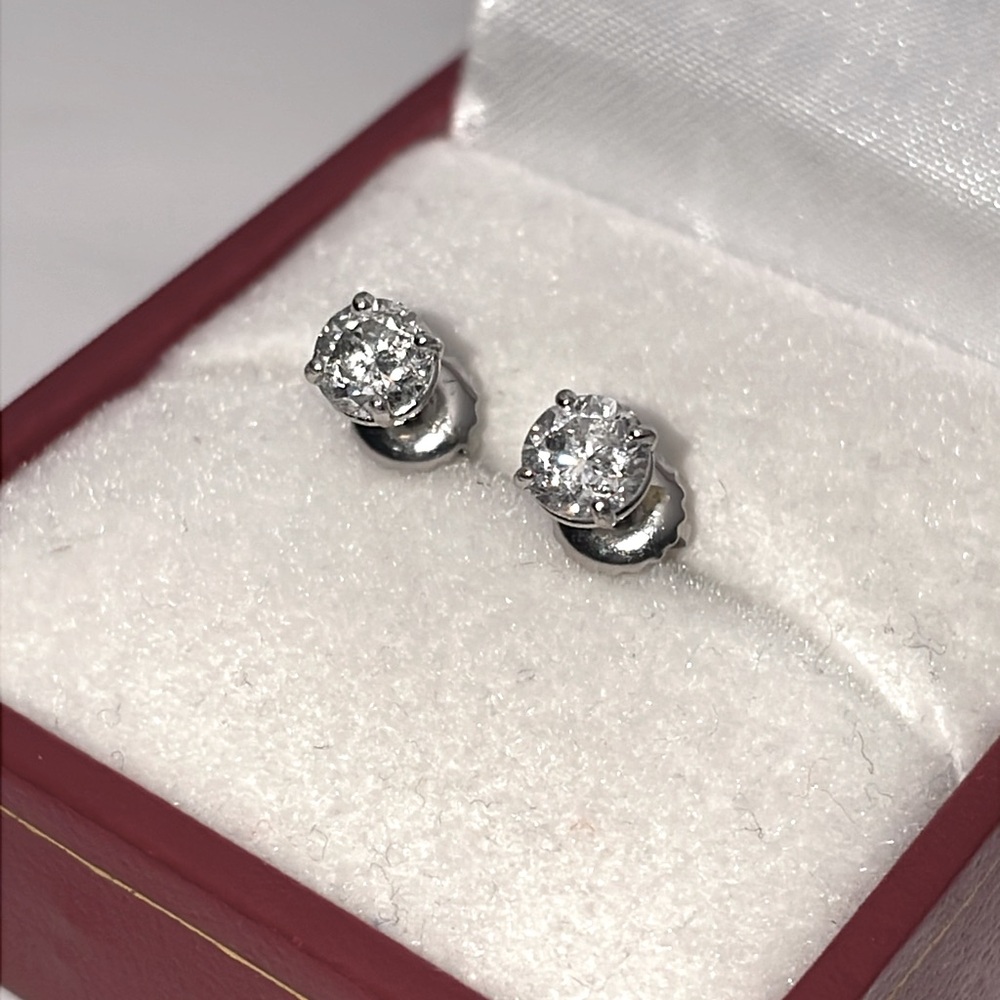 Solid Stamped 14K White Gold Natural 1.00CTW Diamond Stud Earrings Screw Backs - Picture 7 of 14